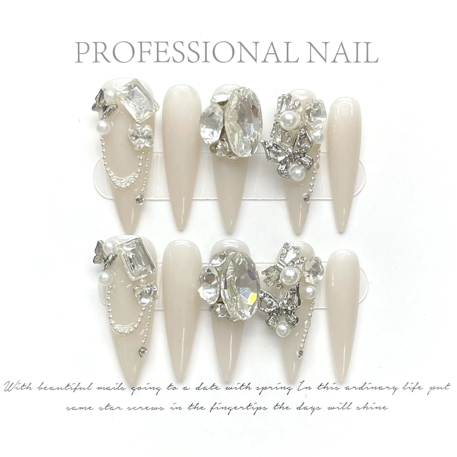 Wholesale Custom Luxury Bling Stones Handmade Press On Nails Medium Coffin Heart Pearl French Tip Nails Manicure Acrylic Nails