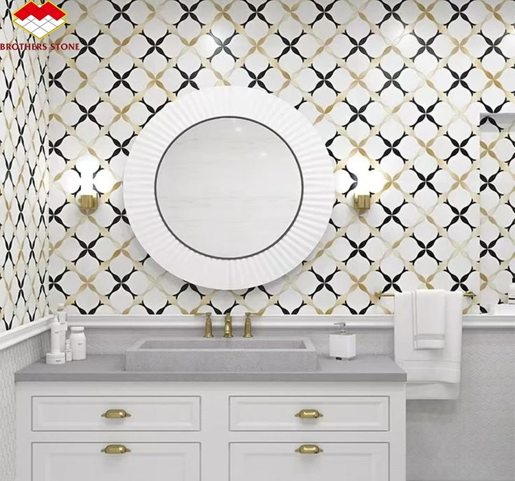 Modern High quality brass inlay arabescato white marble waterjet mosaic tile for sale
