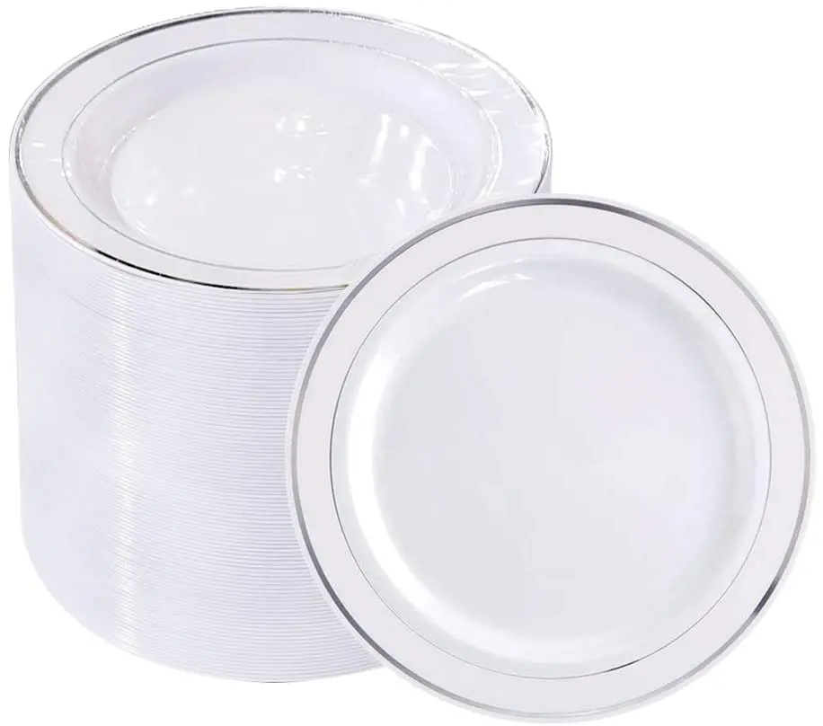 Silver rim Dinnerware Set Disposable - 25 guest Plastic Plates sets, Silverware, with Cups, Linen Like Napkin