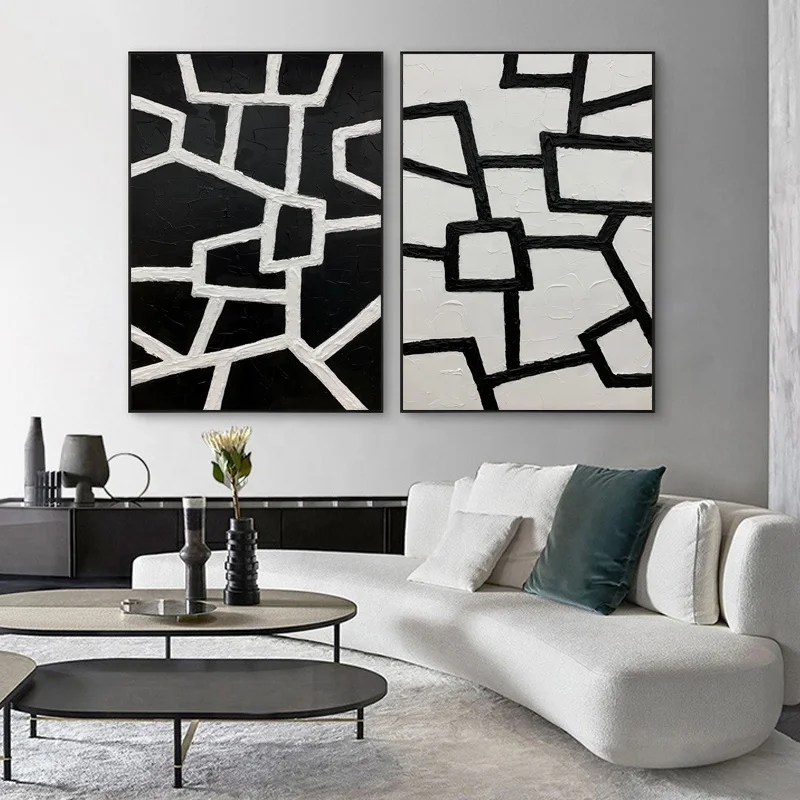 Origin Handmade Black and White 2 panel Wall Decor Artwork Modern Oil Painting Abstract Wall Art on Canvas