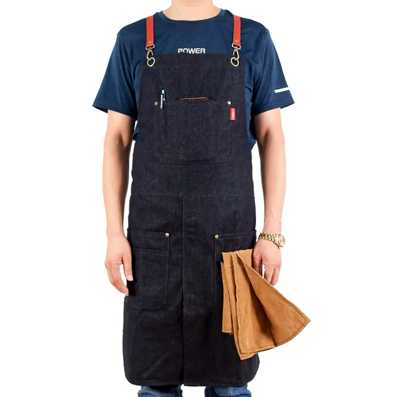 CHANGRONG Black denim work Split Leg apron for barista restaurant gardening custom logo