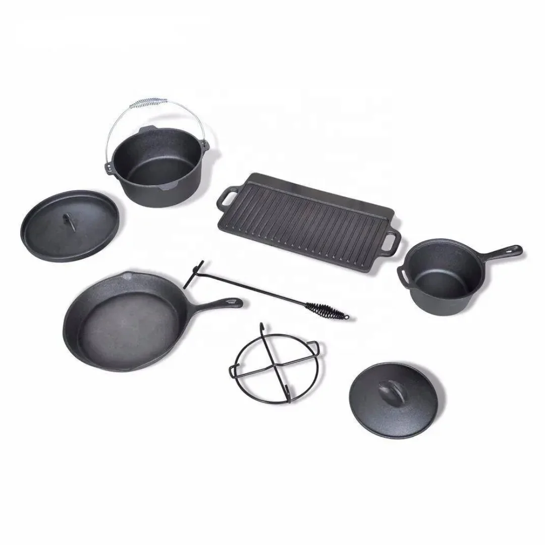 heavy duty pots and pans set cast iron non-stick 7 sets camping cookware set for outdoor cooking
