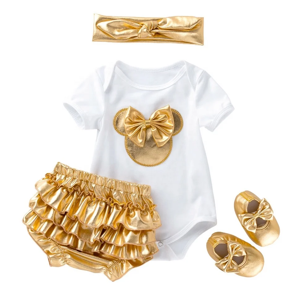 
0-2 Years Newborn Baby Girl Minnie Mickey Cartoon Clothing Set Infant Kid Summer Romper Gold Bloomer Panties Shoes Headband 2021 