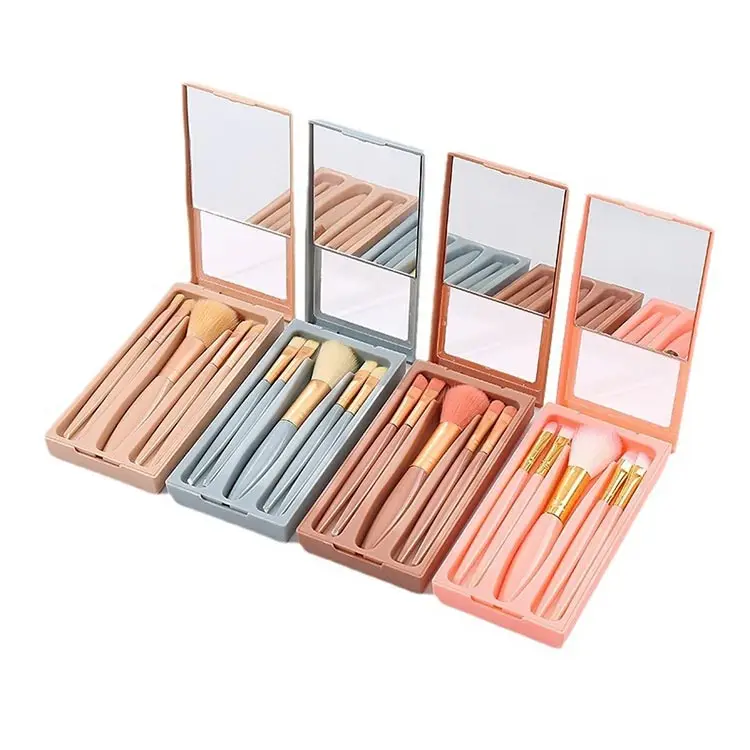 5Pcs Small Complete Function Cosmetic Brushes Portable Make Up Brush Kit Travel Size Makeup Brushes Set With Mirror Plastic Case
