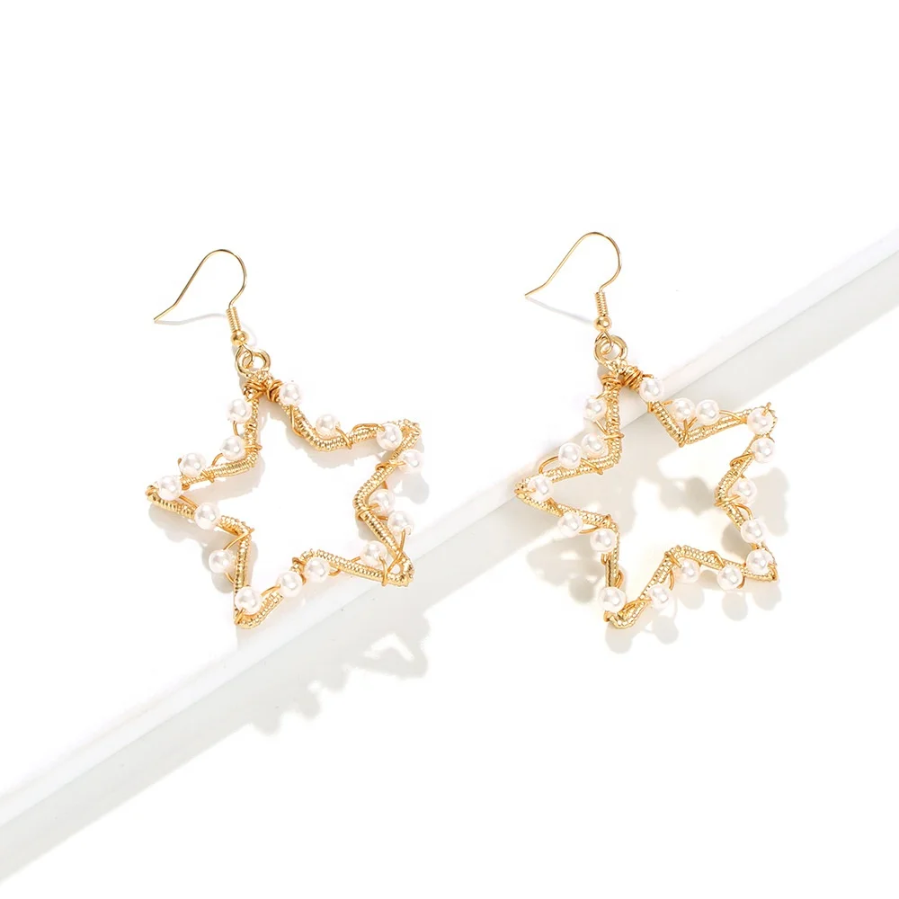 Fashion Hook Earrings Gold Pearl Beads Pentagram Earrings