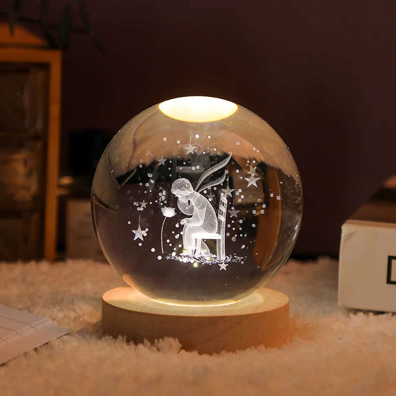 USB Night Light 3d Interior Crystal Ornament Small crystal Ball Luminous Crystal Night Ball With Wood Base