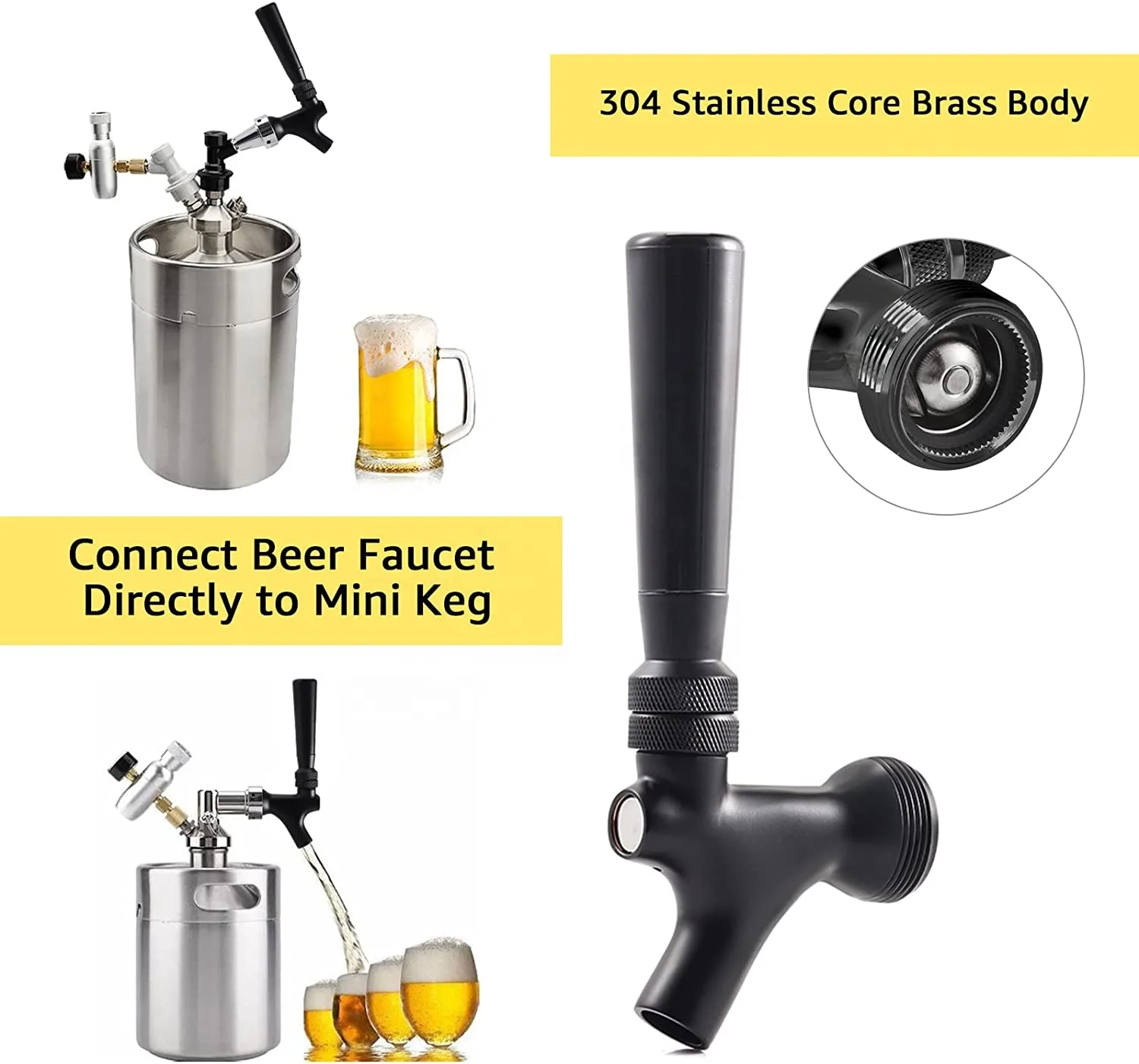 Matte Black Beer Tap Stainless Steel Core Brass Body with Beer Faucet Plug Clean Brush Kit Home Brewery Beer Dispenser