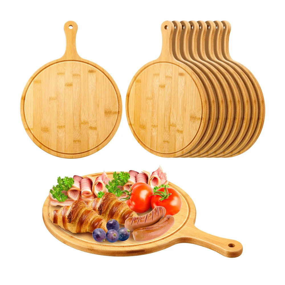 Wholesale Round Bamboo Cutting Board with Handle Wooden Serving Board Pizza Plate Cheese Board for the Kitchen