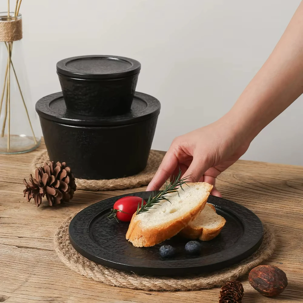 3500 ml 10 inch Stackable Glaze Black Ceramic Large Salad Bowl with Lid Fruit Bowl for Kitchen