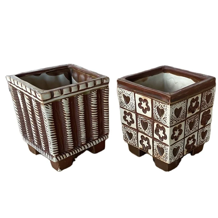 Square unique pattern home garden flower pot clear plant clay pots for plants