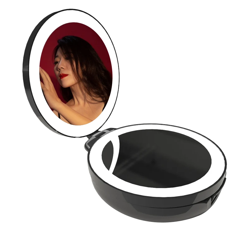 Hot selling New Small Round Foldable Makeup Mirror with LED Light for Christmas promotion gifts stock goods