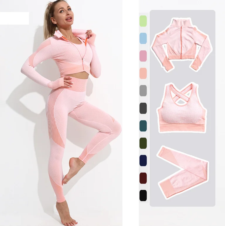 
Wholesale Fitness Clothing 3 Piece Women Gym Yoga Wear Set Three 3 pcs Workout Seamless Long Sleeve Sports Suit With Jacket 