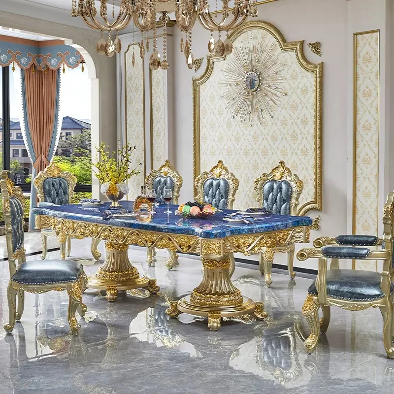 Foshan Antique Home Furniture Factory Wholesale Wood Carved Classic Luxurious Rectangle Marble Dining Table with Dining Chair