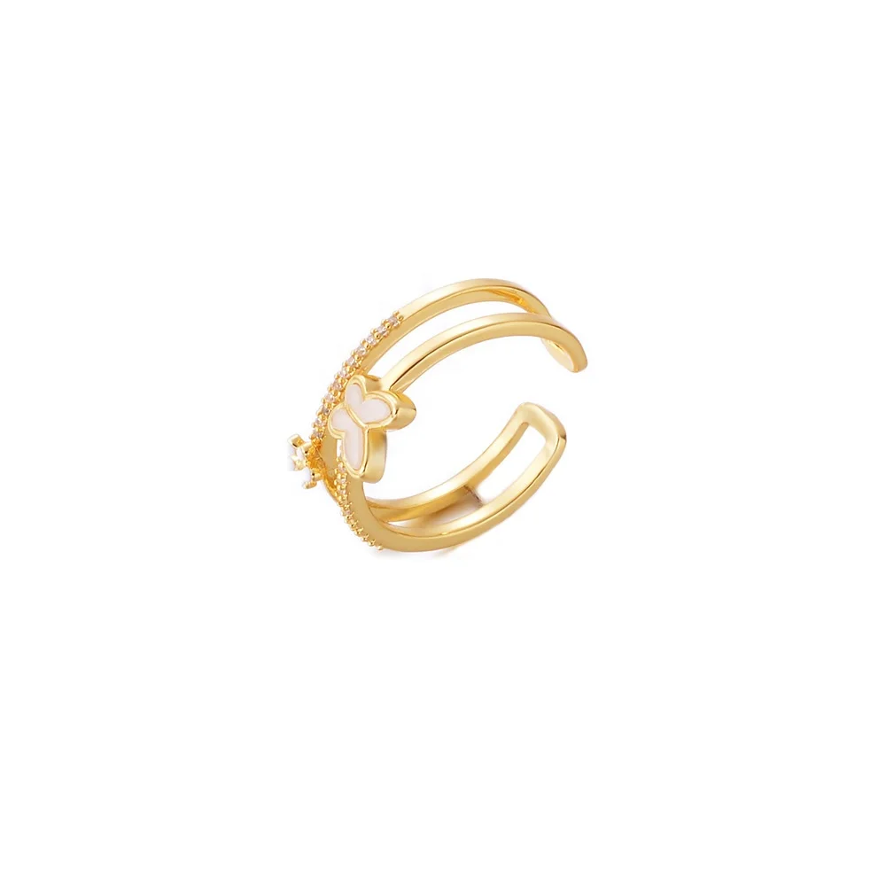 Adjustable Zircon Butterfly Open Rings Wedding Couple Friendship Simple Trendy 18k Gold Plated Dainty Easy Open Rings Girls