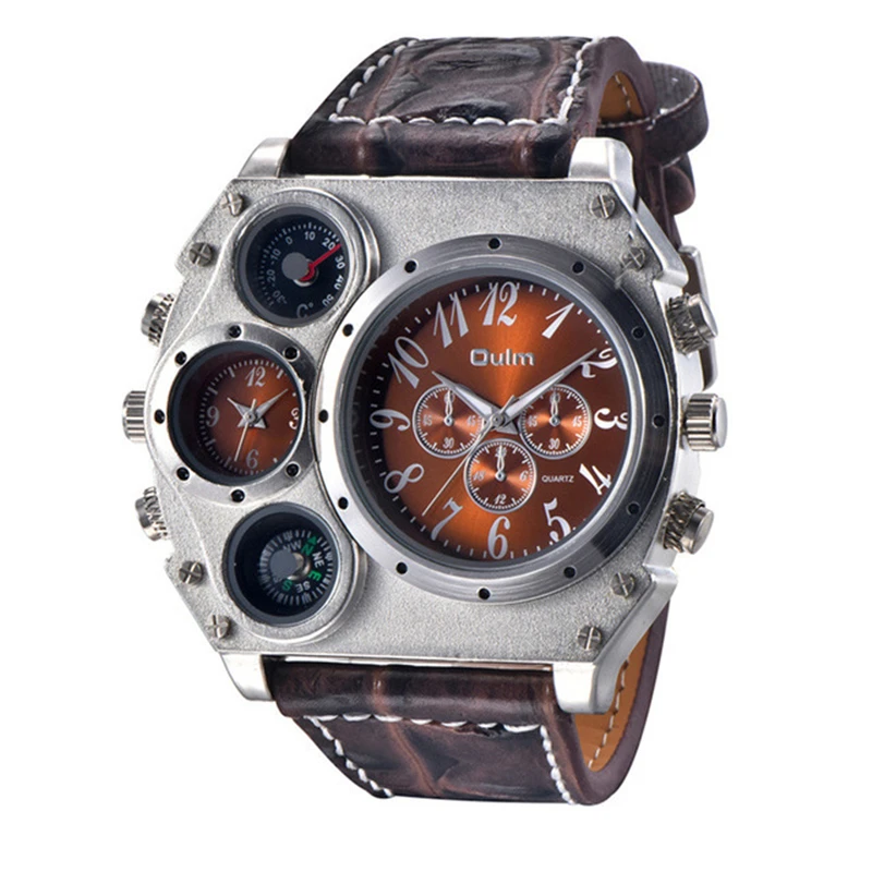 Oulm 1349 Big Dial Sport Watches Men Luxury Brand Quartz Wristwatch Decorative Compass casual Leather Watch Male Clock