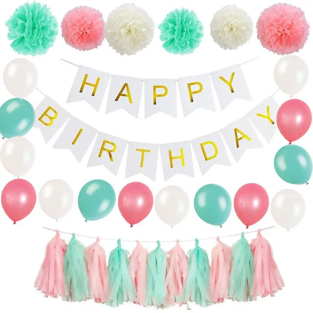 Hot selling paper flower ball set Tiffany blue romantic white fishtail flag latex balloon birthday party decoration