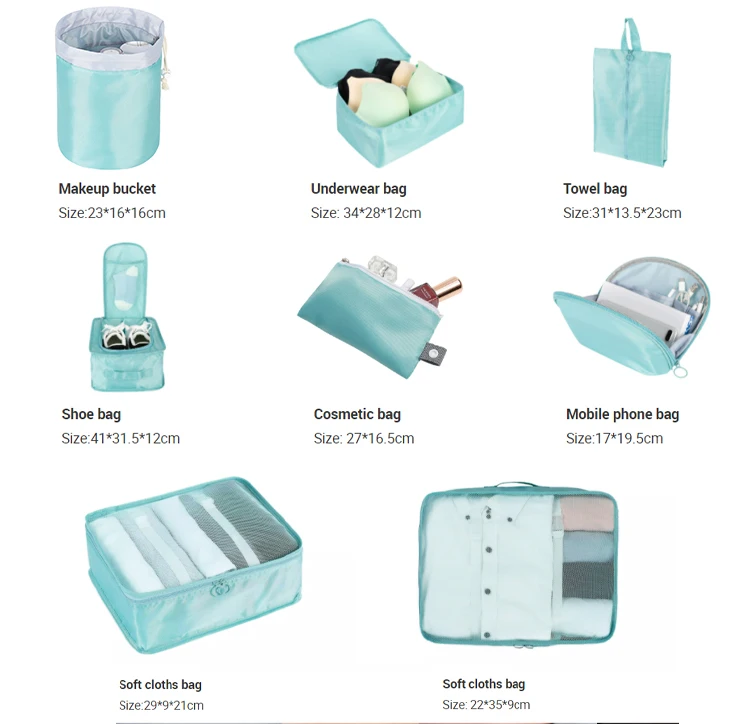 7 in 1 set lightweight Travel Luggage Organizer Bags compression packing cubes with shoes bag and cosmetic bag