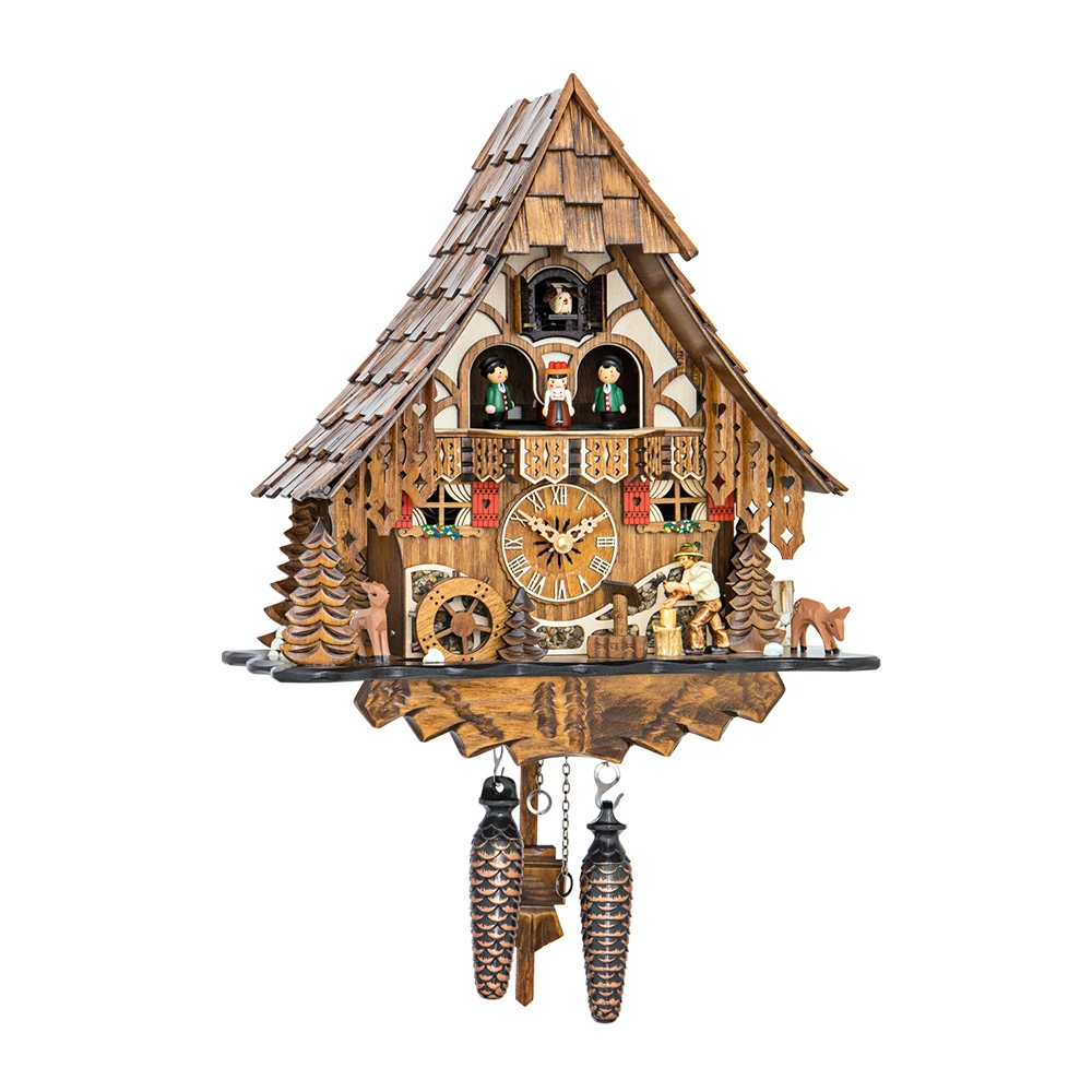 High Quality Wooden Black Forest House Cuckoo Clock With Lumberjack And Mill Wheel With Music Made In Germany