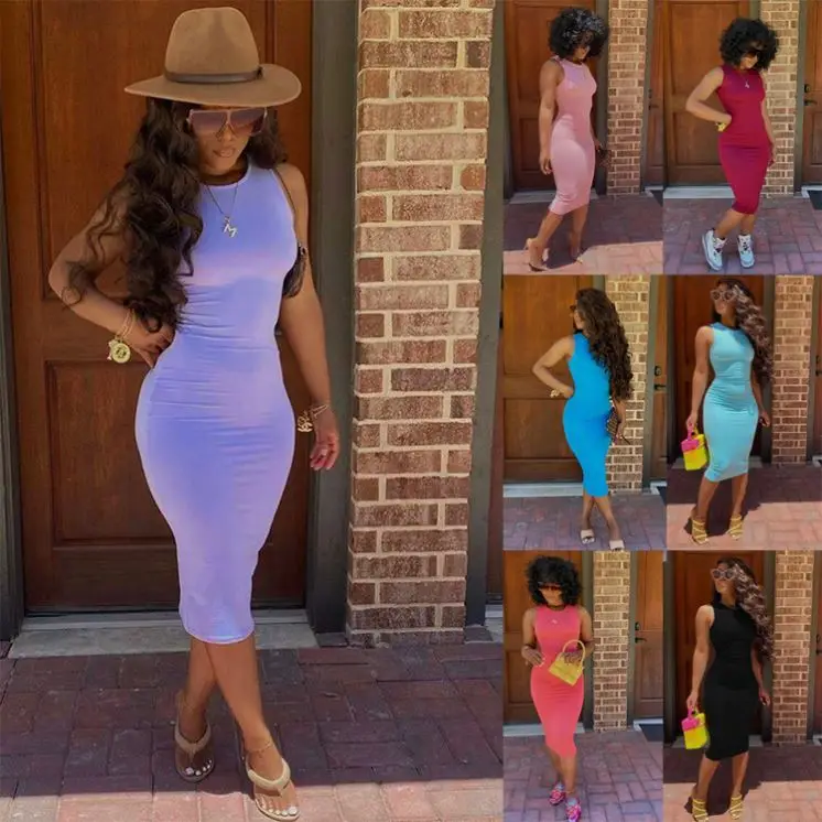 Summer Dress Sleeveless Pencil Sundress Bodycon Women Midi Dress Casual Dress