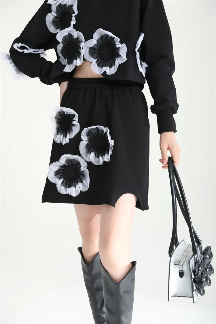 Юбка женская хлопковая с разрезом, дизайнерская короткая с завышенной талией, трехмерная с цветочной строчкой, осень