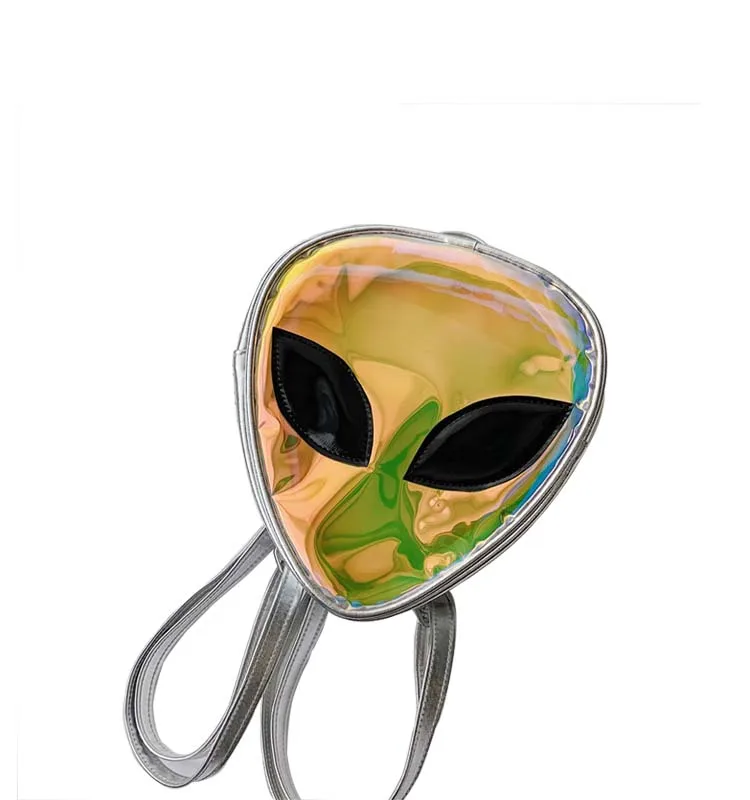 Silver Satchel Faxu PU Shoulder Bag- Alien Kawaii Holographic Backpack-Fashionable Small Bag