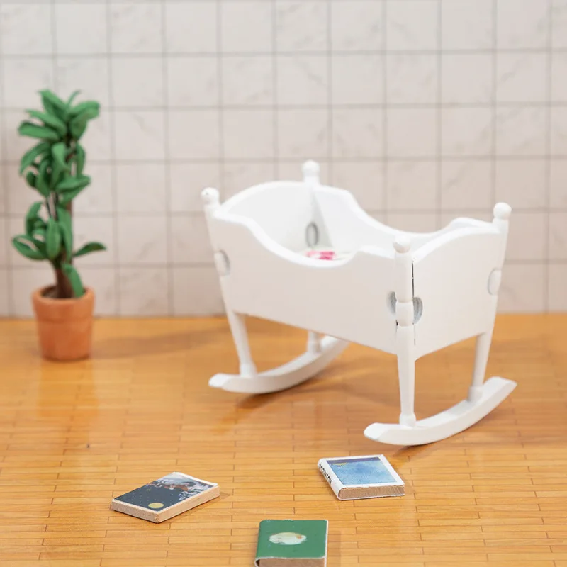 Dollhouse Wood Cradle Tiny Little Baby Doll Sleeping Wooden Crib Miniature Wooden Doll Rocking Cradle for Children Kids Toddler