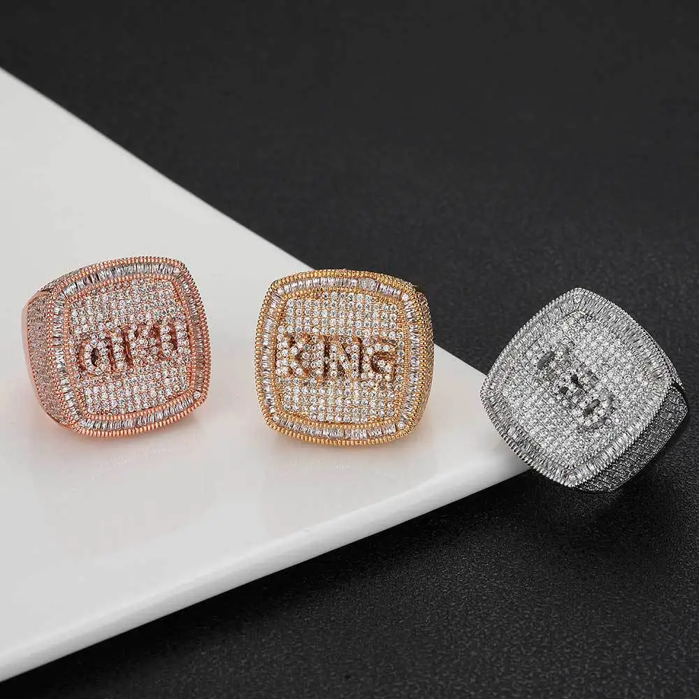 Custom Name Big Hip Hop Iced Out Diamond Rings 18K Gold Plating Bling Zirconia Large Ring For Men