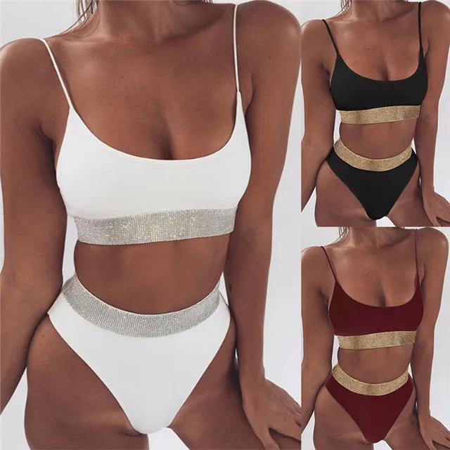 2022 Sexy High Waist Bikini Split Swimsuit Ladies Sequins Solid Color Custom Bikini