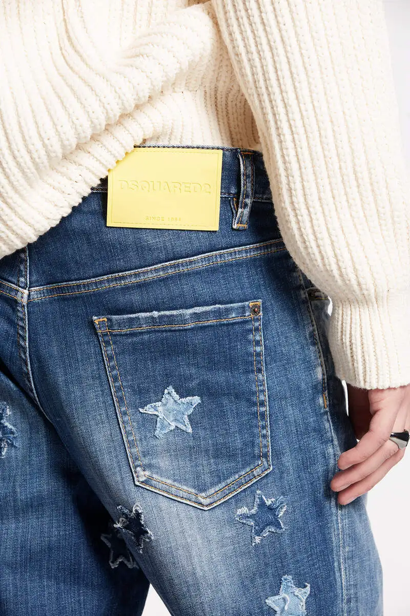 Medium Stars Wash Roadie Jeans Embroidered Patches Stretch Cotton Boot Cut Denim Jeans Men