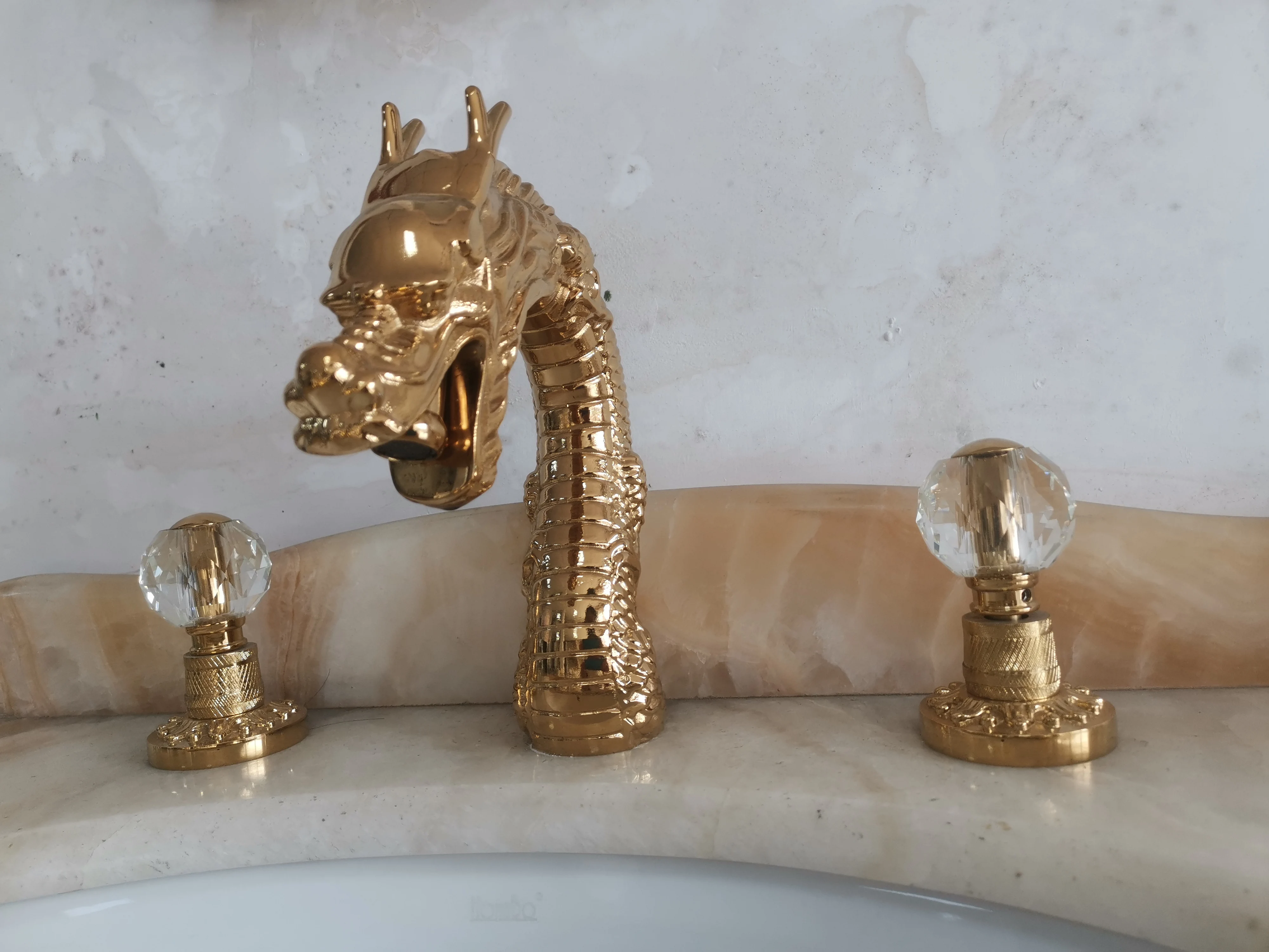 China Dragon crystal handle bathroom gold basin faucet