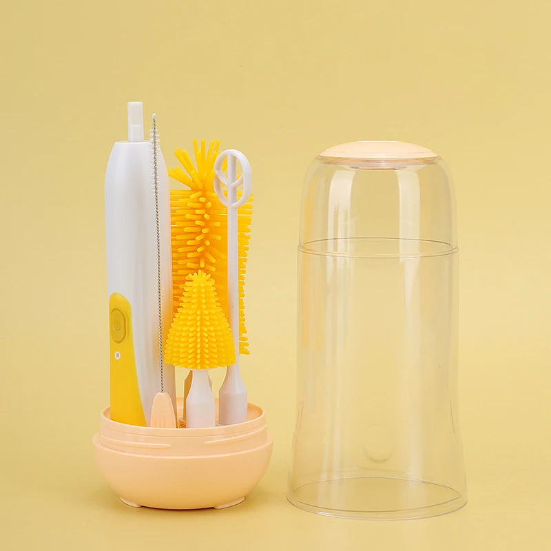 Portable Silicone Baby Bottle Cleaning Brush Set Eco-Friendly Electric Long Hand-Design Travel Brush with Drying Base