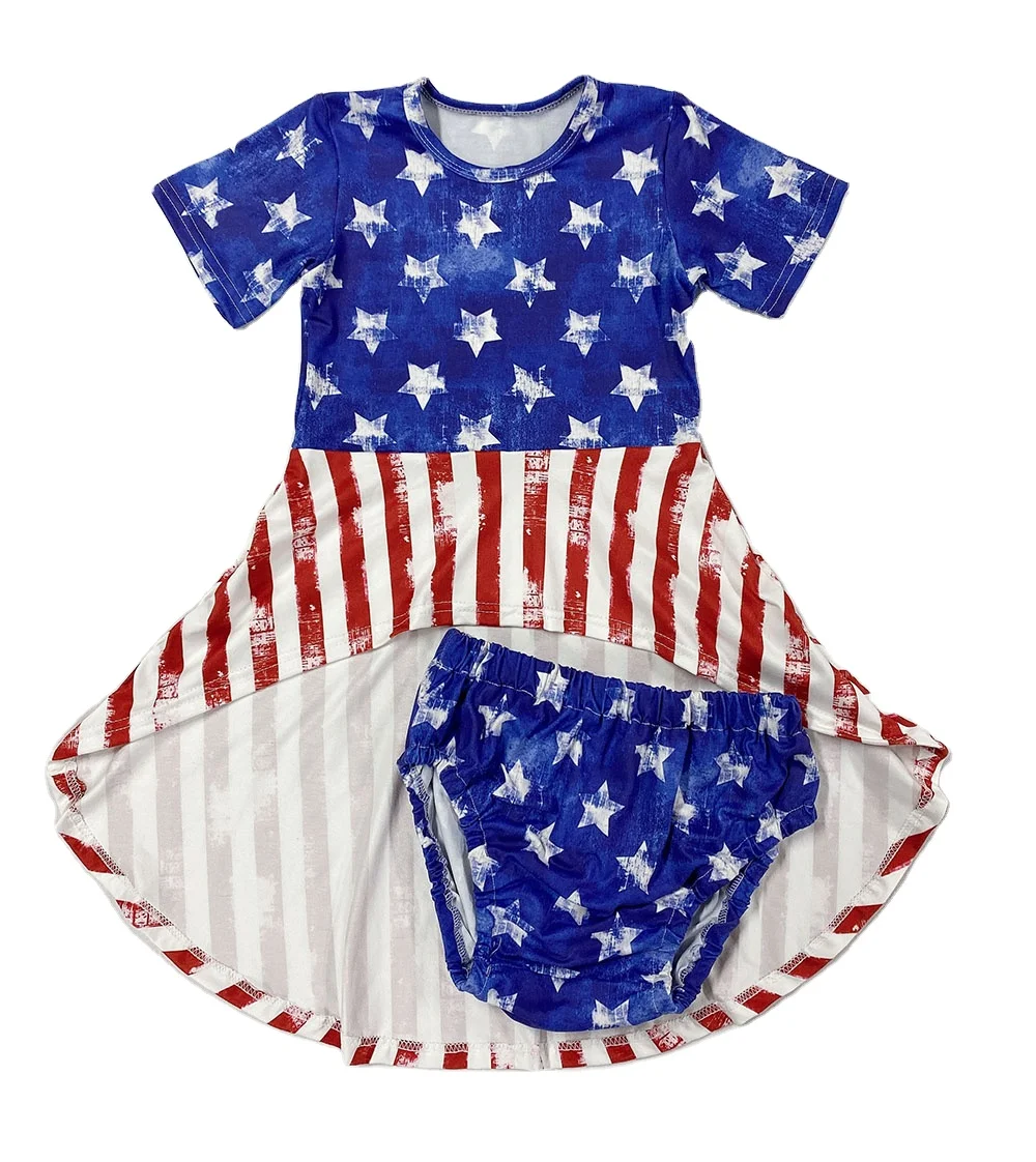 Hot Sale Summer Kids Fashion July 4th Outfits Star Print Dress and Bummies for Girl