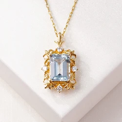 Factory Wholesale Gift Pendants 18K Women Fine Jewelry Vintage Style Aquamarine Gemstone Necklace