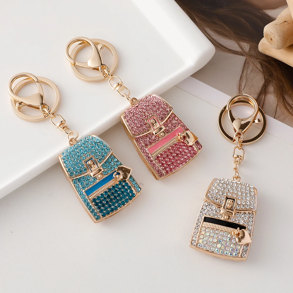 Creative Diamond Love Heart Backpack Charm Key Ring Rhinestone Bag Shaped Pendant Keychain For Couple