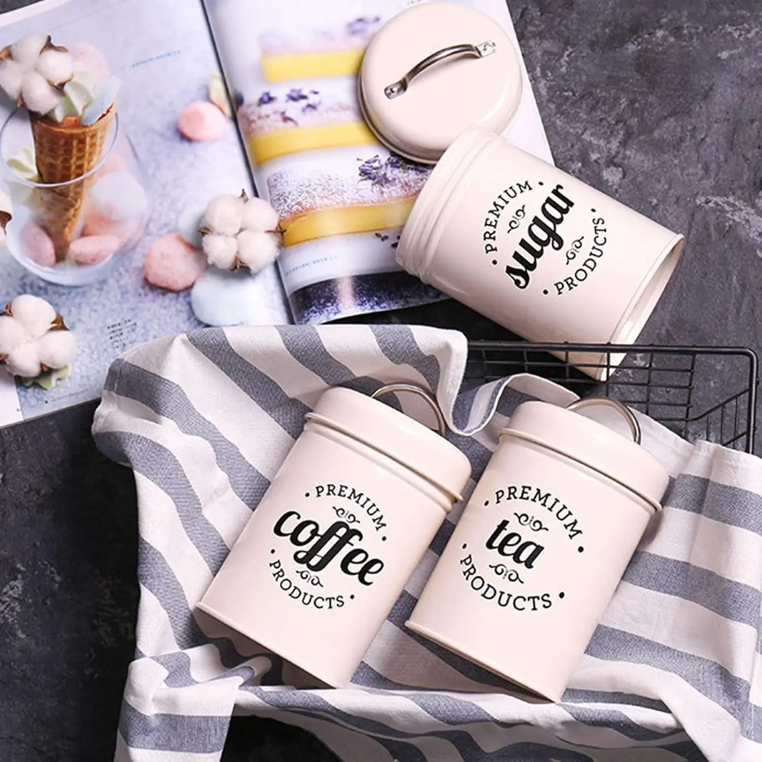 Set of 3 Airtight Kitchen Canister Decorations with Lids Coffee Tea Sugar Metal Containers Kitchen Canister Jars Food Storage