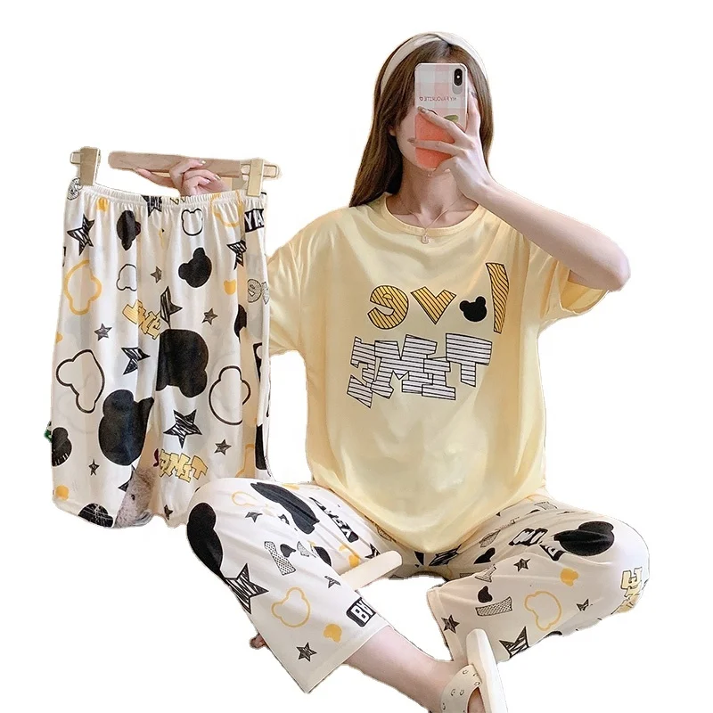 Korean 3 in 1 Cartoons Pajamas O Neck XXL Home Room Loungwear Sleepwear Short Sleeve shorts Pants 3Pcs Set Home Wear For Women