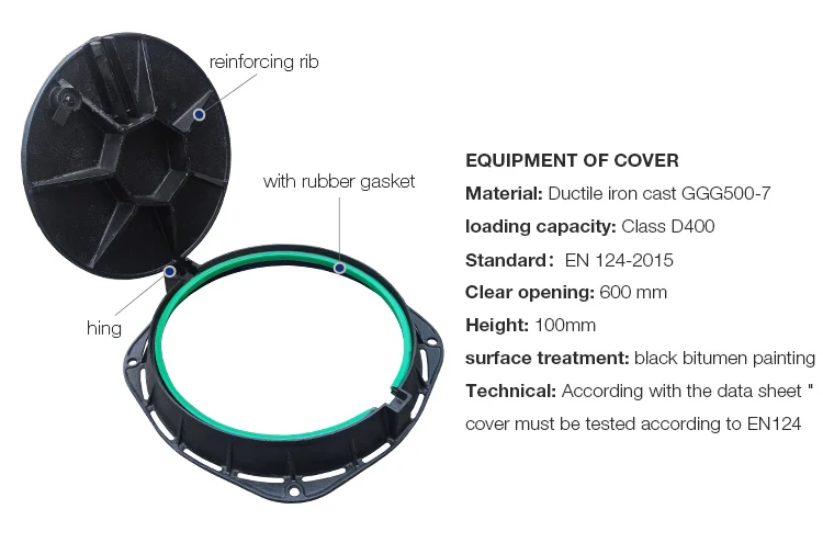 EN124 D400 Cast Iron Manhole Cover: Superior Strength with Nodular Graphite, Durable and Reliable for Heavy Traffic Areas