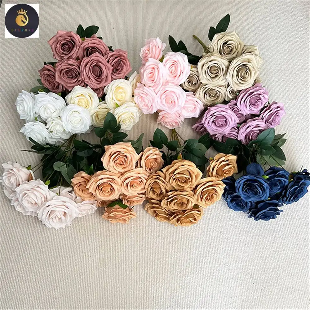 EV Wholesale 9 Head Romantic Colorful Autumn Roses Bunch of Artificial Flowers Real Touch for Wedding Decor