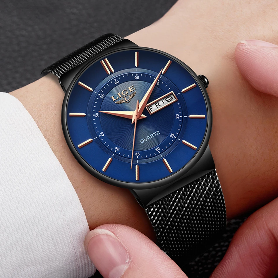 Lige 9949 Casual Mens Quartz Wristwatch Reloj Stainless Steel Calendar Luxury Men Watches Waterproof