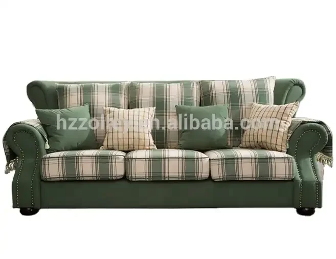 American Style Fabric Living Room Sofa 1+2+3 Seaters Green Plaid Sofa Set
