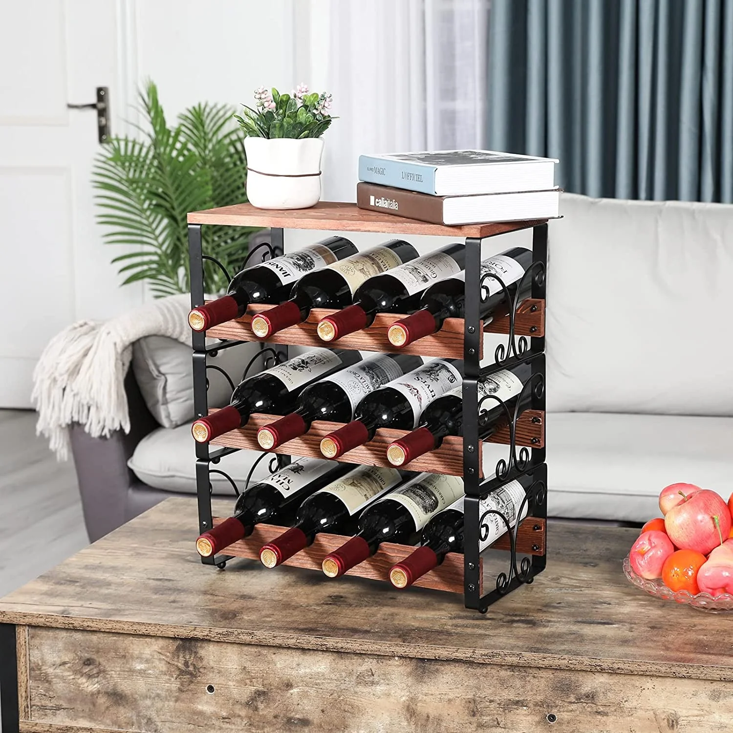 Hot Selling Countertop Wine Rack Wood Metal Wine Bottle Holder Storage Rack Stand Stackable Perfection Organizer