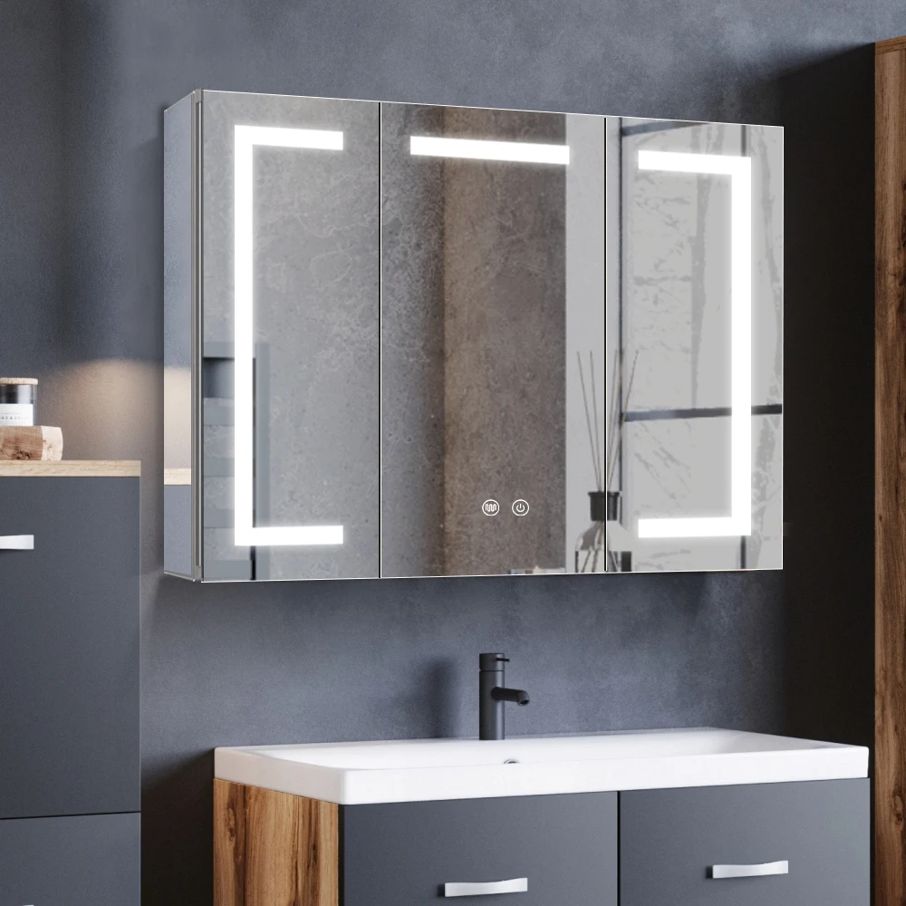 Popular industrial bathroom mirror cabinet with LED light multi function