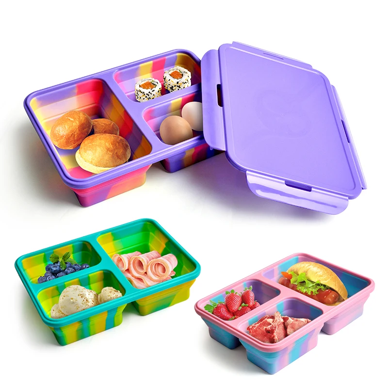 2023 new 3 Compartment Silicone Bento Box Container Durable BPA Free Reusable Leak-Proof Keeping Dishes Bento Silicone Lunch Box