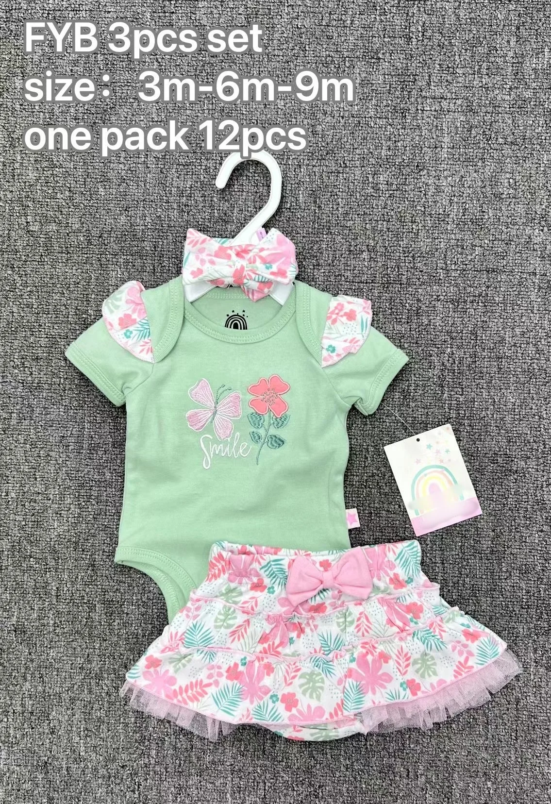 Hot Selling High Quality 0-9m Newborn Cartoon Cute Onesies Sets Girl Romper 3pc Sets Baby Short Sleeved Cotton Soft Clothing Set