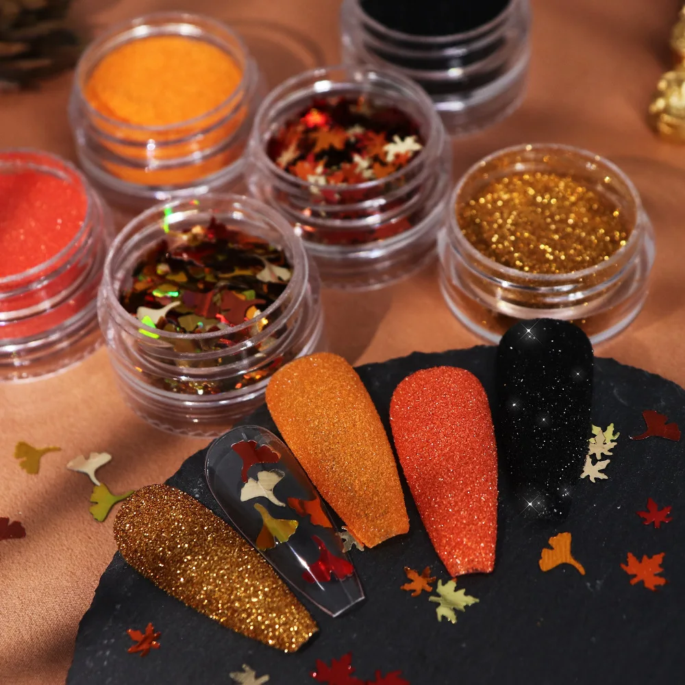 6 Bottles/Set Autumn Neon Nail Powder Gold Tangerine Nail Glitter Powder with Maple and Ginkgo Leaf Nail Art Decoration