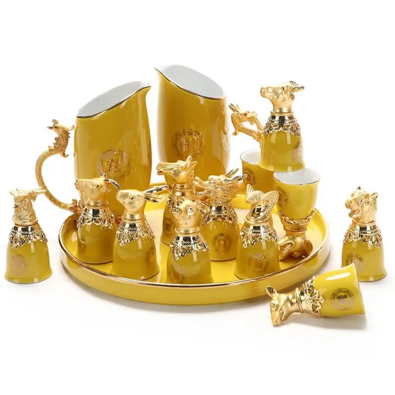 Chinese zodiac ceramic white wine cup set custom wine cup reusable wine cups with lid