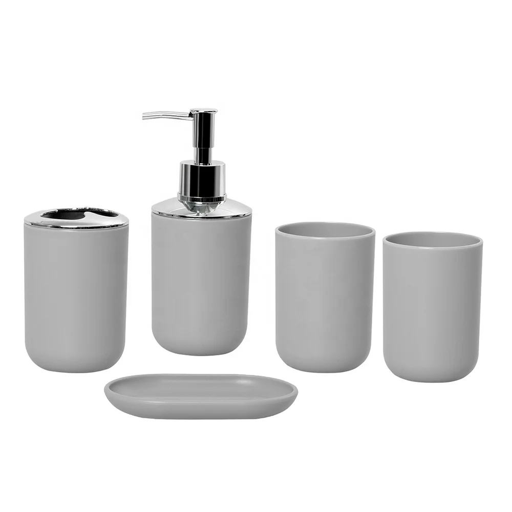 
Amazon Hot Sellings Beautifull Bathroom Fitting Set 5 Piece Toothbrush Holder Soap Dispenser Gargle Cup Plastic Soap Dish 