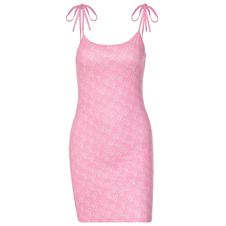 Hot Sale Spaghetti Strap Mini Dress Summer Sweat Heart Pattern Girl Pink Dresses