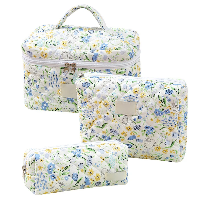 Custom Printed Makeup Bag 3 Set Flower Pattern Floral Zipper Cosmetic Bag Soft Large Case Storage Organizer Quilted Toiletry Bag