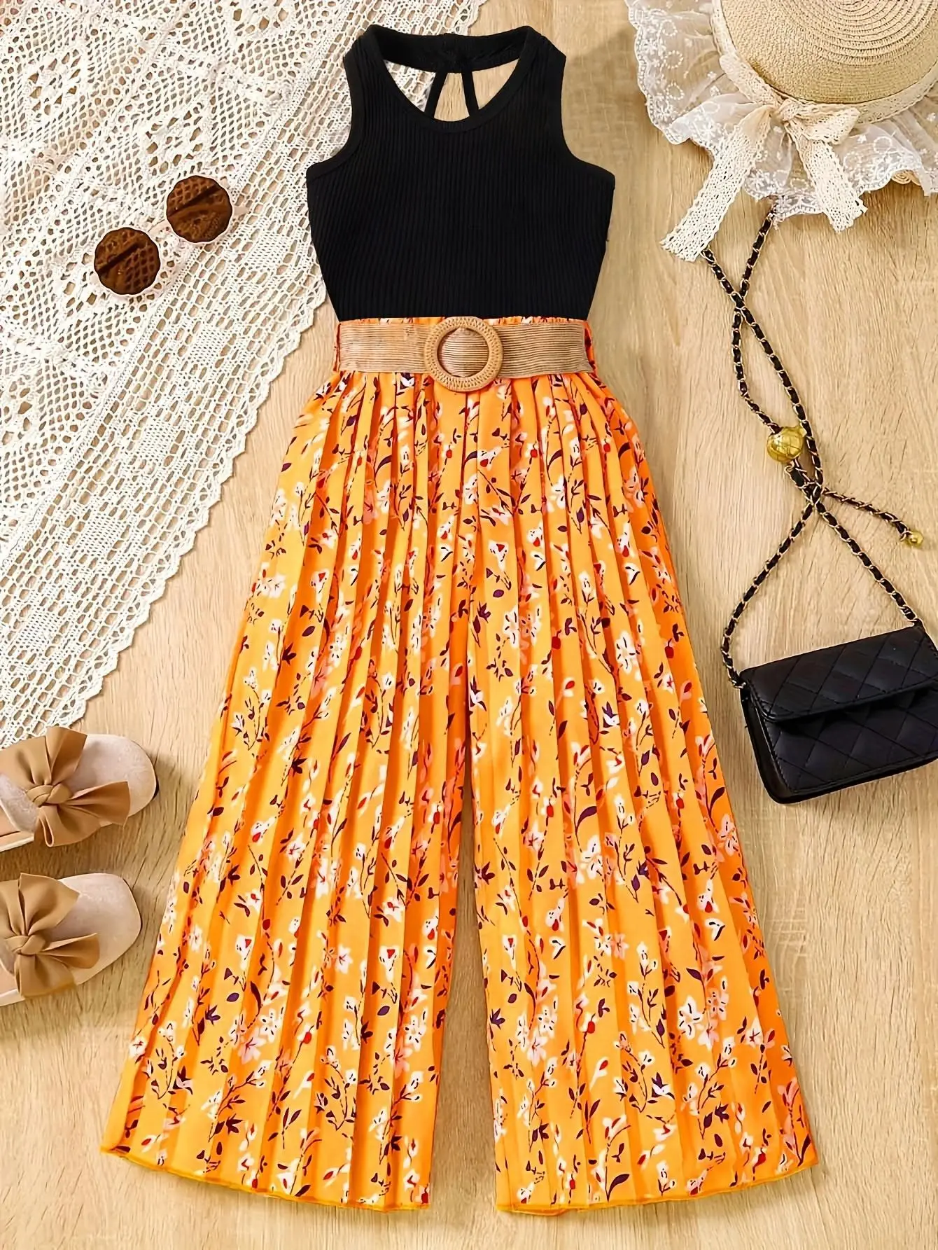 2024 Summer teenager girl clothing set summer sleeveless shirt loose pants 2pcs outfit
